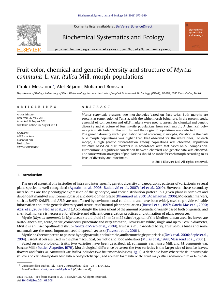 Fruit color, chemical and genetic diversity and structure of Myrtus communis L. var. italica Mill. morph populations