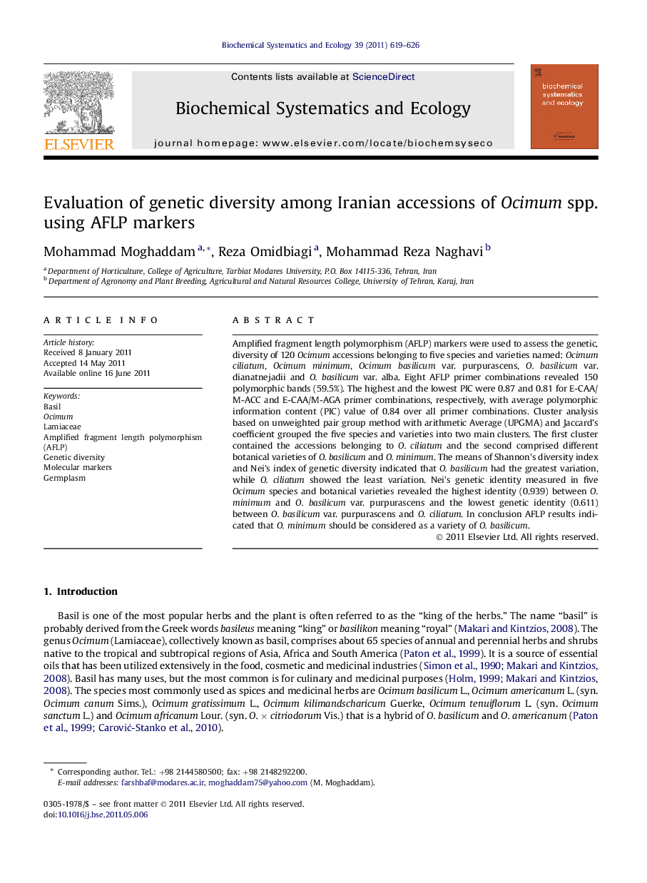 Evaluation of genetic diversity among Iranian accessions of Ocimum spp. using AFLP markers