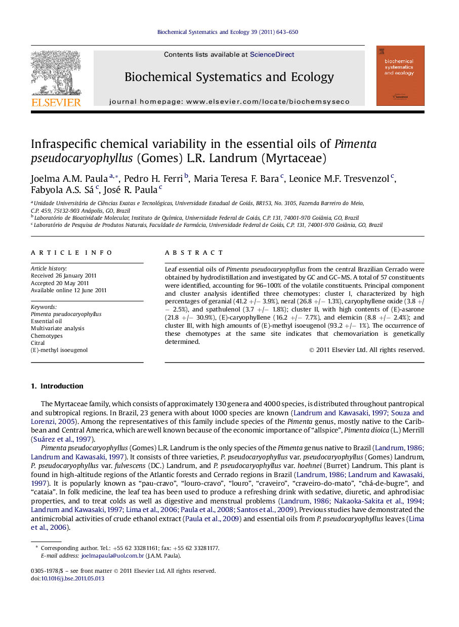 Infraspecific chemical variability in the essential oils of Pimenta pseudocaryophyllus (Gomes) L.R. Landrum (Myrtaceae)