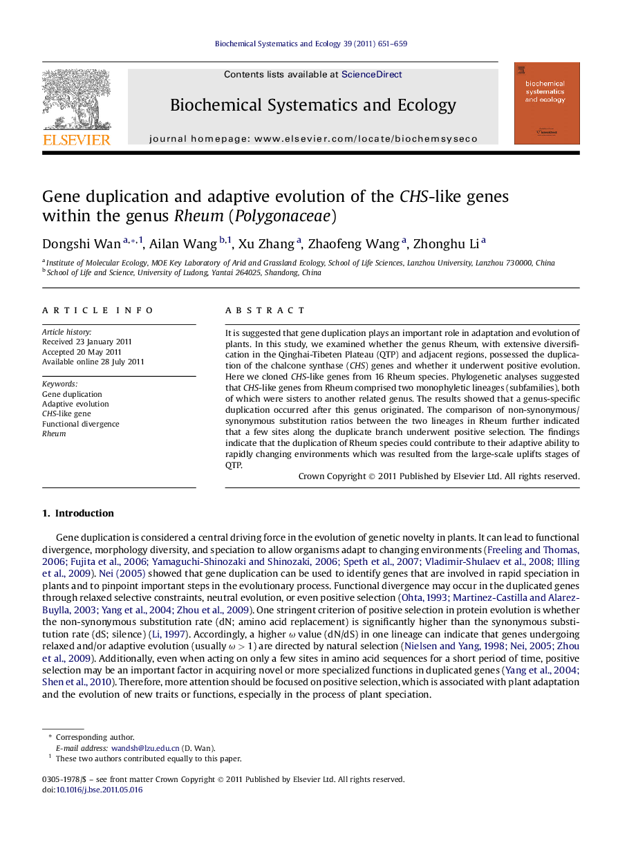 Gene duplication and adaptive evolution of the CHS-like genes within the genus Rheum (Polygonaceae)