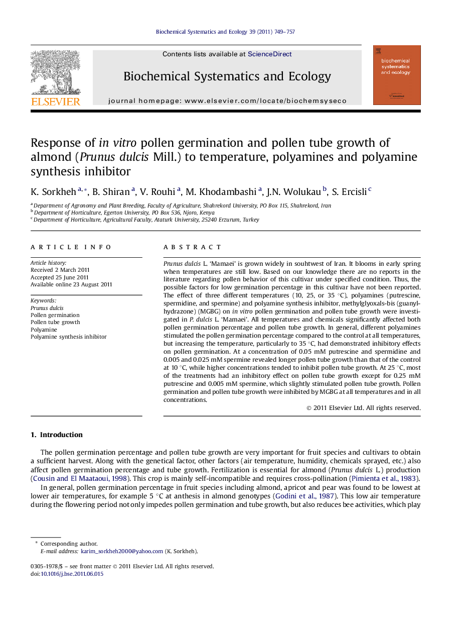 Response of inÂ vitro pollen germination and pollen tube growth of almond (Prunus dulcis Mill.) to temperature, polyamines and polyamine synthesis inhibitor