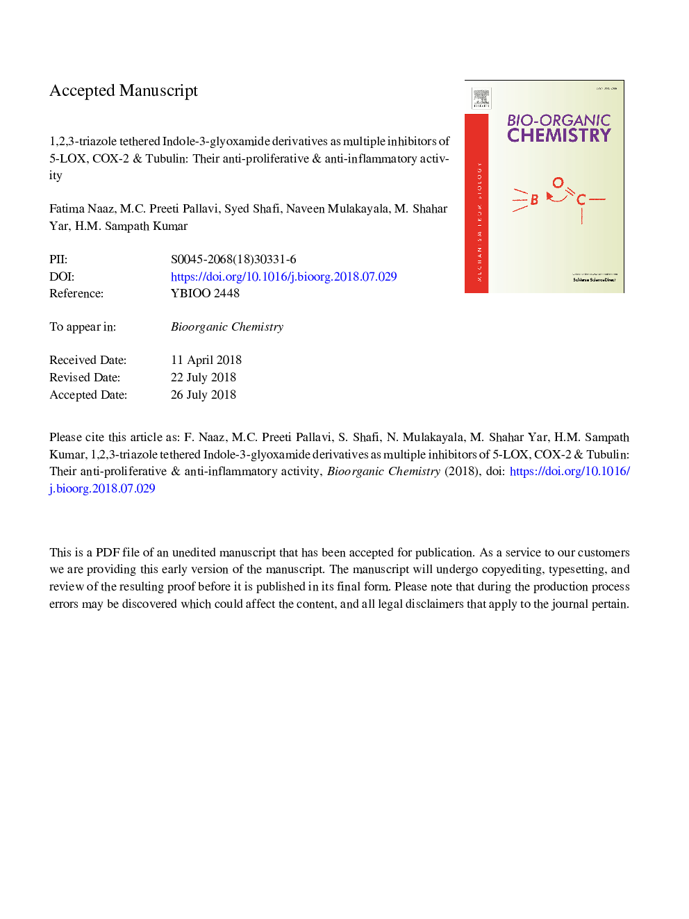 1,2,3-triazole tethered Indole-3-glyoxamide derivatives as multiple inhibitors of 5-LOX, COX-2 & tubulin: Their anti-proliferative & anti-inflammatory activity