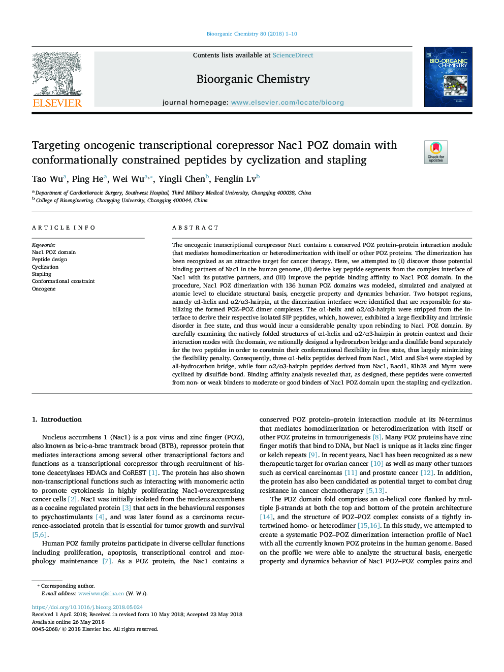 Targeting oncogenic transcriptional corepressor Nac1 POZ domain with conformationally constrained peptides by cyclization and stapling