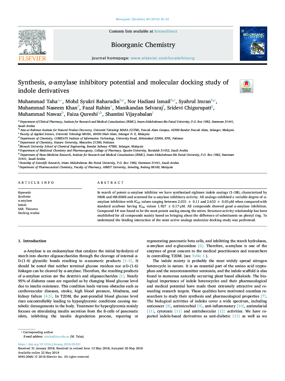 عکس صفحه اول مقاله: Synthesis, α-amylase inhibitory potential and molecular docking study of indole derivatives Synthesis, α-amylase inhibitory potential and molecular docking study of indole derivatives
