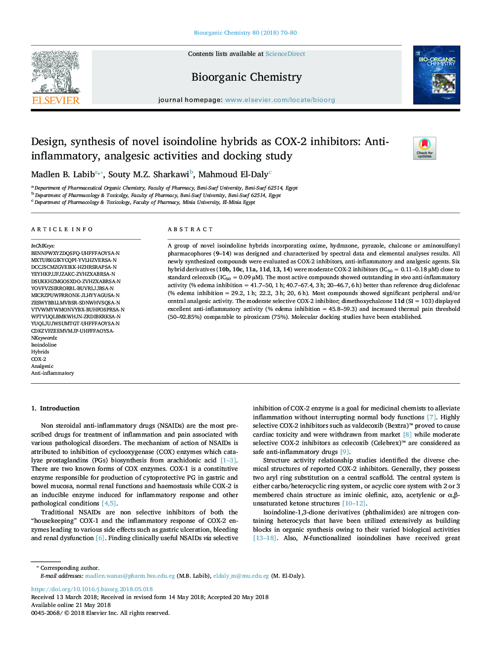 عکس صفحه اول مقاله: Design, synthesis of novel isoindoline hybrids as COX-2 inhibitors: Anti-inflammatory, analgesic activities and docking study Design, synthesis of novel isoindoline hybrids as COX-2 inhibitors: Anti-inflammatory, analgesic activities and docking study