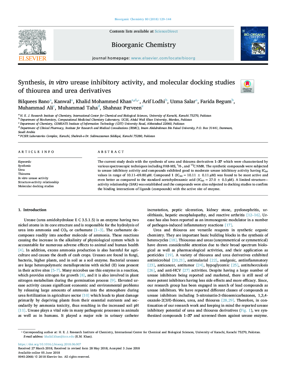 Synthesis, in vitro urease inhibitory activity, and molecular docking studies of thiourea and urea derivatives