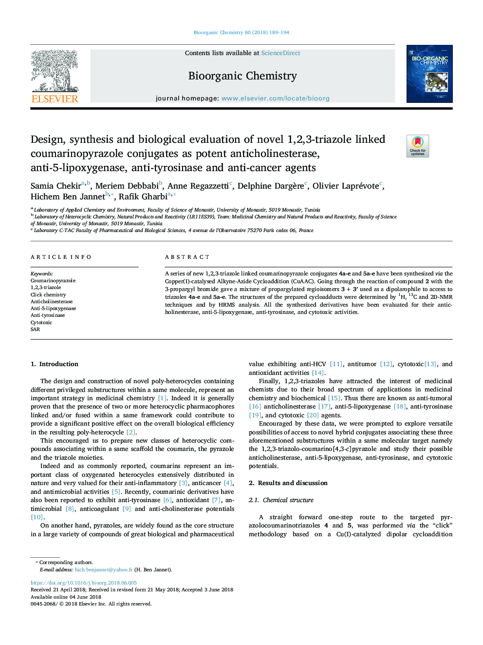 Design, synthesis and biological evaluation of novel 1,2,3-triazole linked coumarinopyrazole conjugates as potent anticholinesterase, anti-5-lipoxygenase, anti-tyrosinase and anti-cancer agents