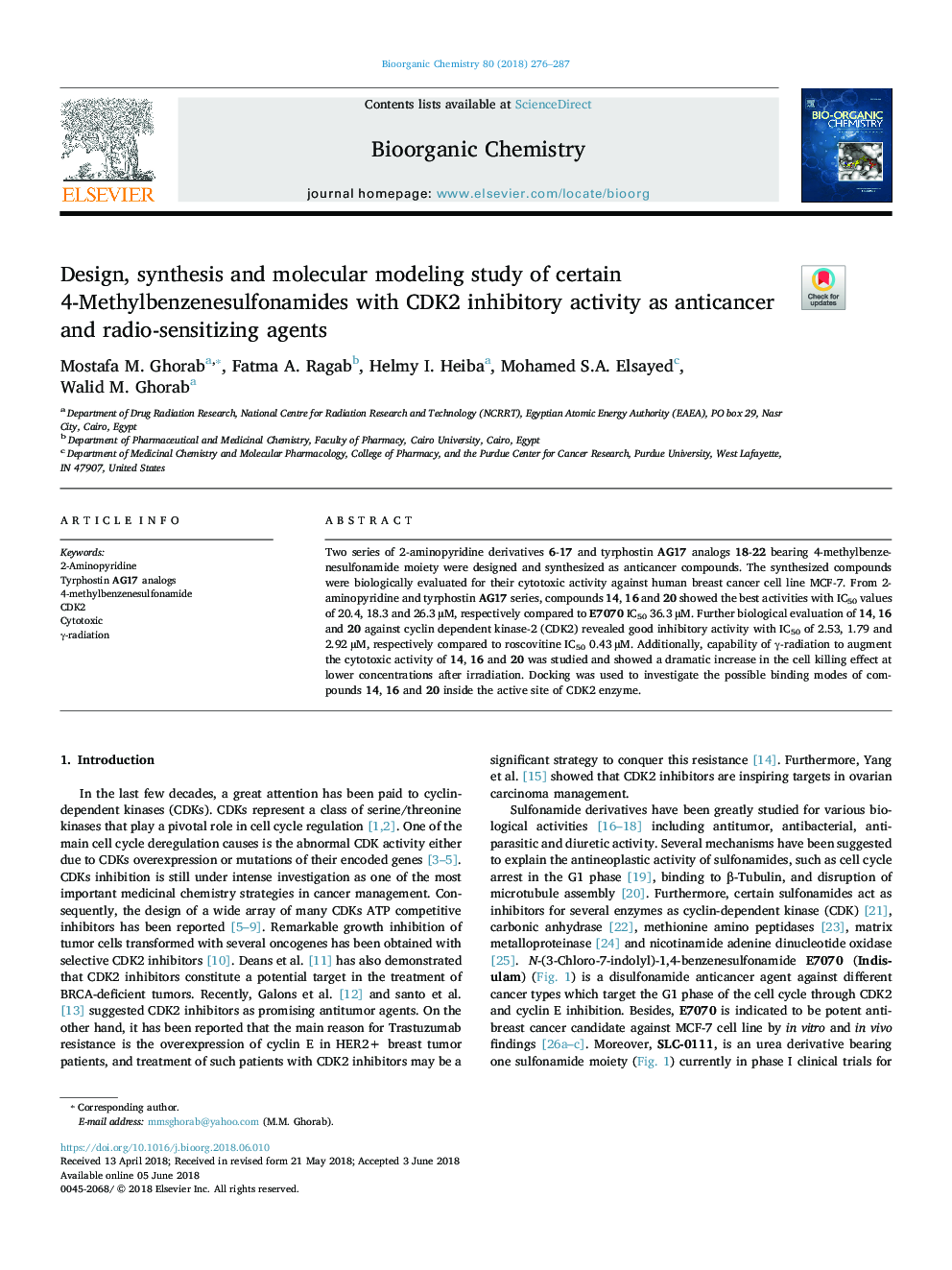 Design, synthesis and molecular modeling study of certain 4-Methylbenzenesulfonamides with CDK2 inhibitory activity as anticancer and radio-sensitizing agents
