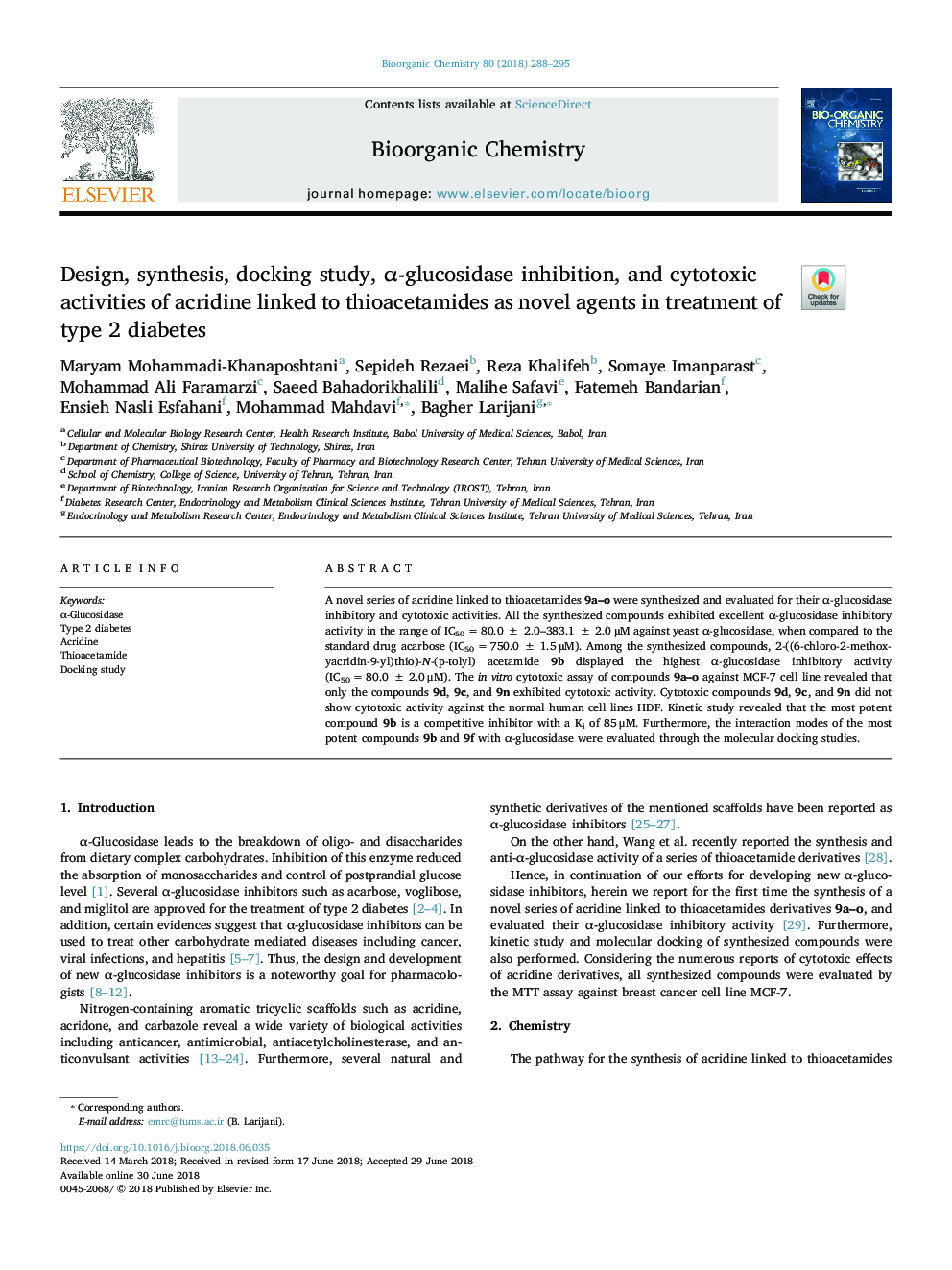 Design, synthesis, docking study, Î±-glucosidase inhibition, and cytotoxic activities of acridine linked to thioacetamides as novel agents in treatment of type 2 diabetes