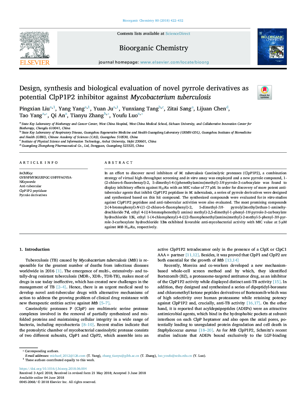 Design, synthesis and biological evaluation of novel pyrrole derivatives as potential ClpP1P2 inhibitor against Mycobacterium tuberculosis