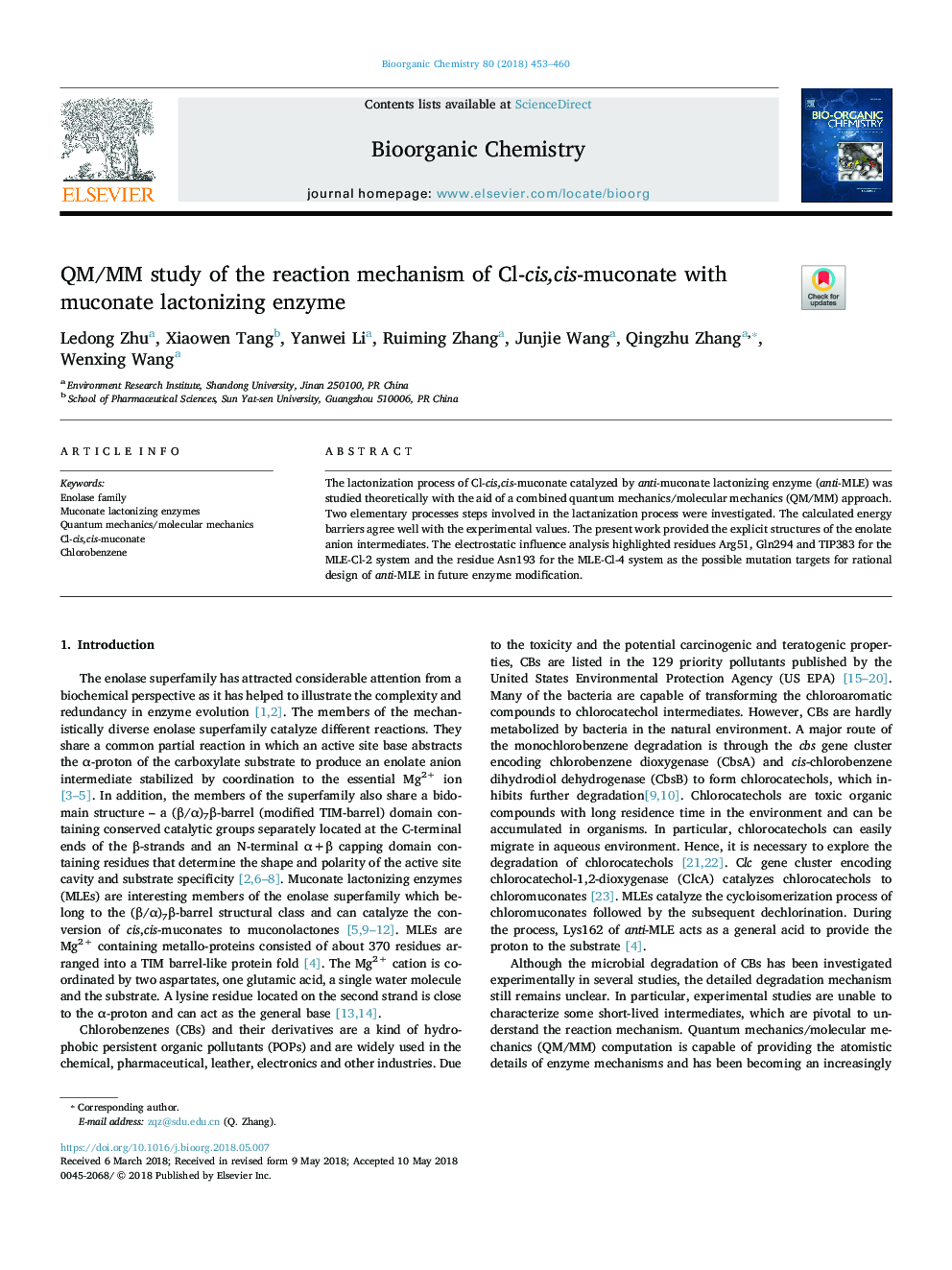 QM/MM study of the reaction mechanism of Cl-cis,cis-muconate with muconate lactonizing enzyme