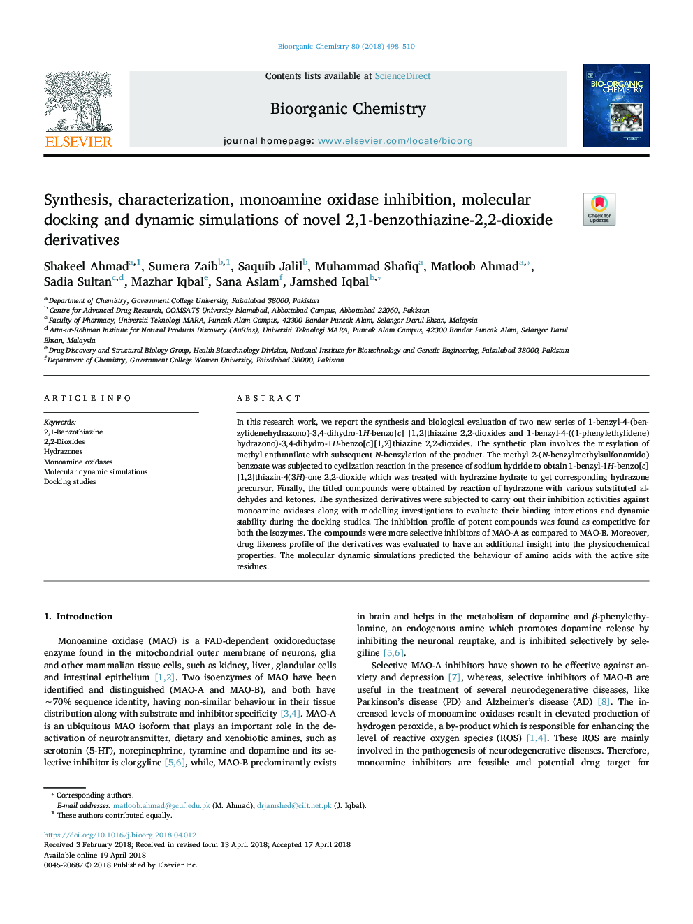 Synthesis, characterization, monoamine oxidase inhibition, molecular docking and dynamic simulations of novel 2,1-benzothiazine-2,2-dioxide derivatives