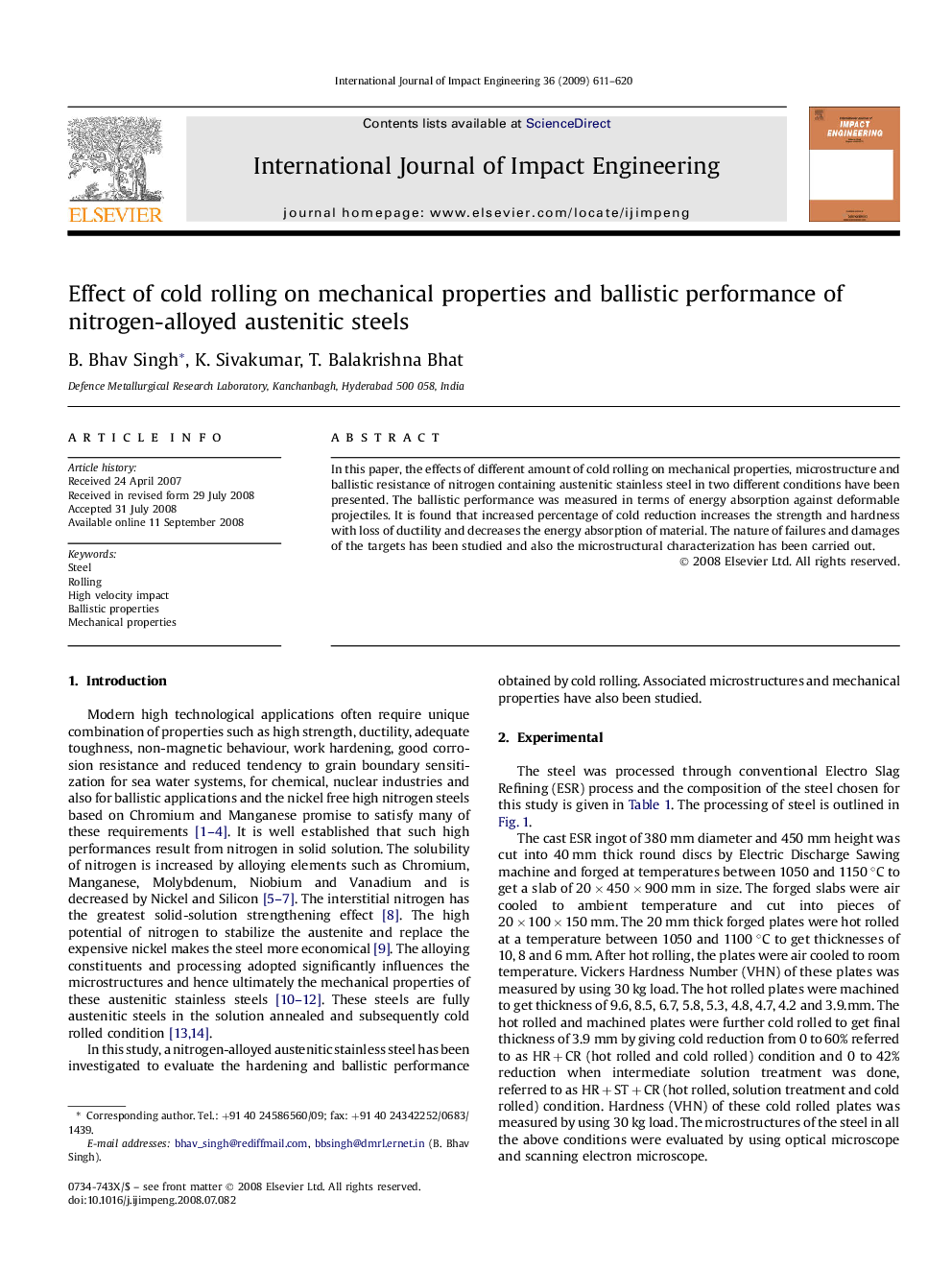 Effect of cold rolling on mechanical properties and ballistic performance of nitrogen-alloyed austenitic steels