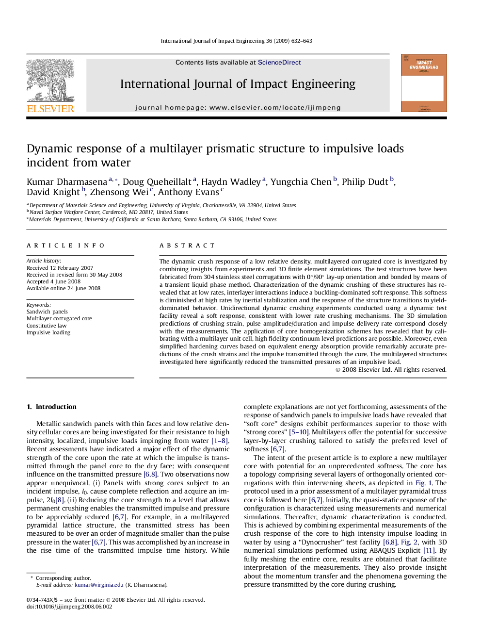 Dynamic response of a multilayer prismatic structure to impulsive loads incident from water