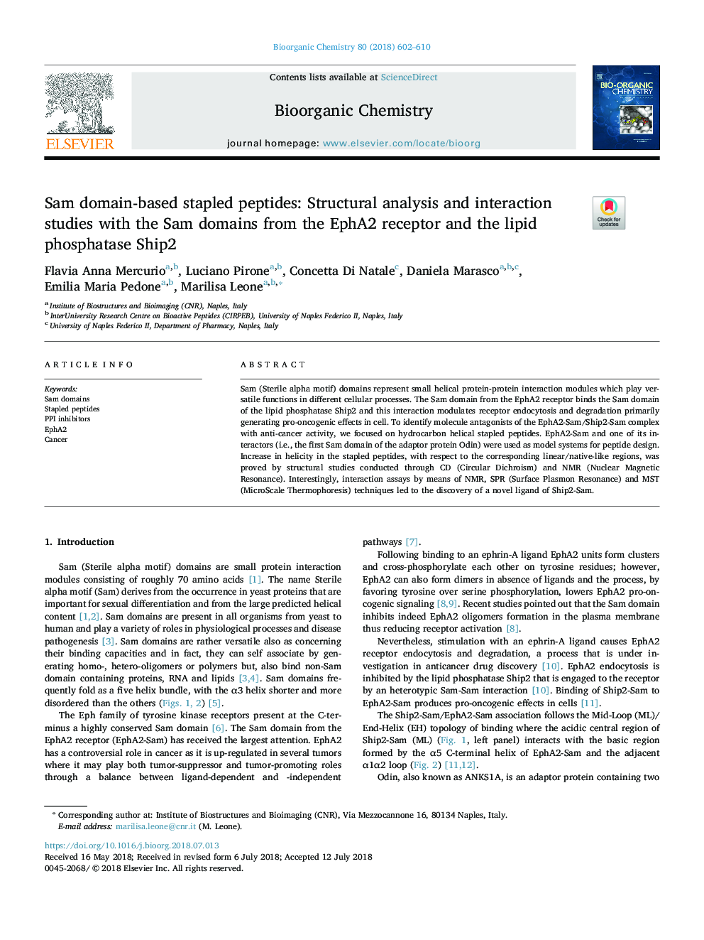 Sam domain-based stapled peptides: Structural analysis and interaction studies with the Sam domains from the EphA2 receptor and the lipid phosphatase Ship2