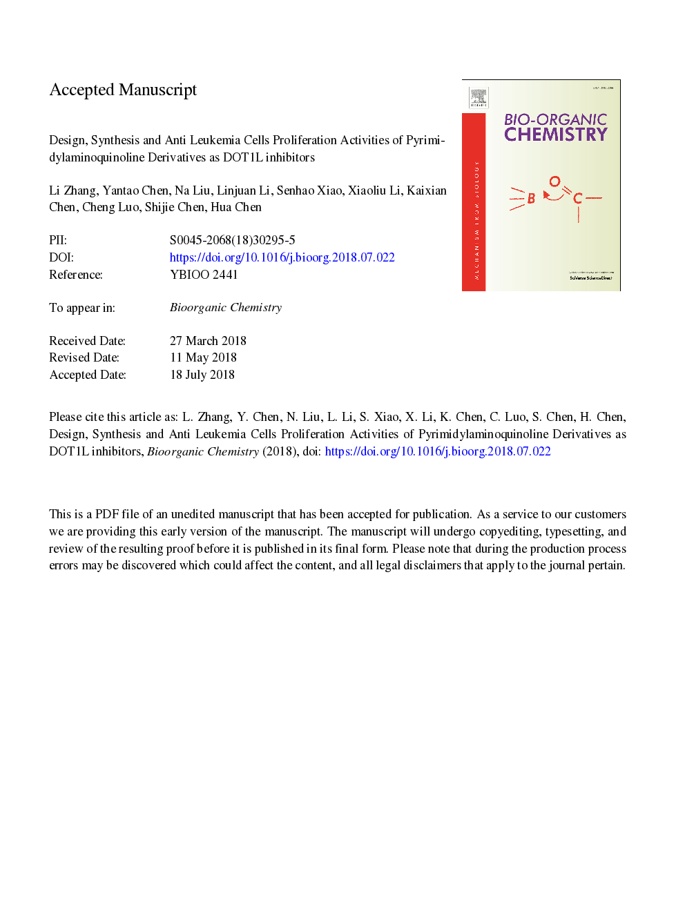 Design, synthesis and anti leukemia cells proliferation activities of pyrimidylaminoquinoline derivatives as DOT1L inhibitors