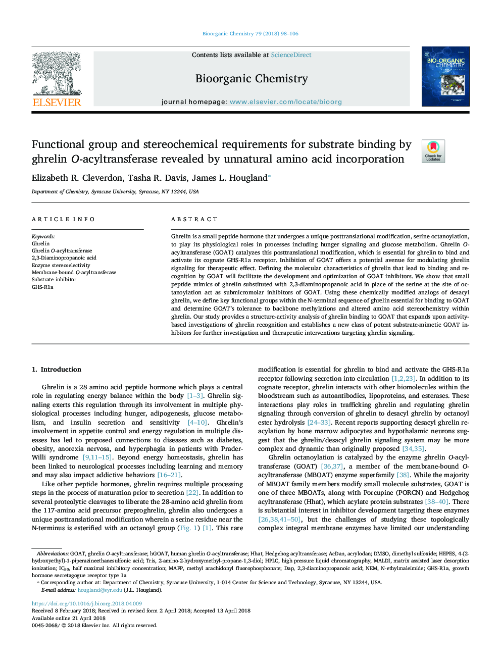 عکس صفحه اول مقاله: Functional group and stereochemical requirements for substrate binding by ghrelin O-acyltransferase revealed by unnatural amino acid incorporation Functional group and stereochemical requirements for substrate binding by ghrelin O-acyltransferase revealed by unnatural amino acid incorporation