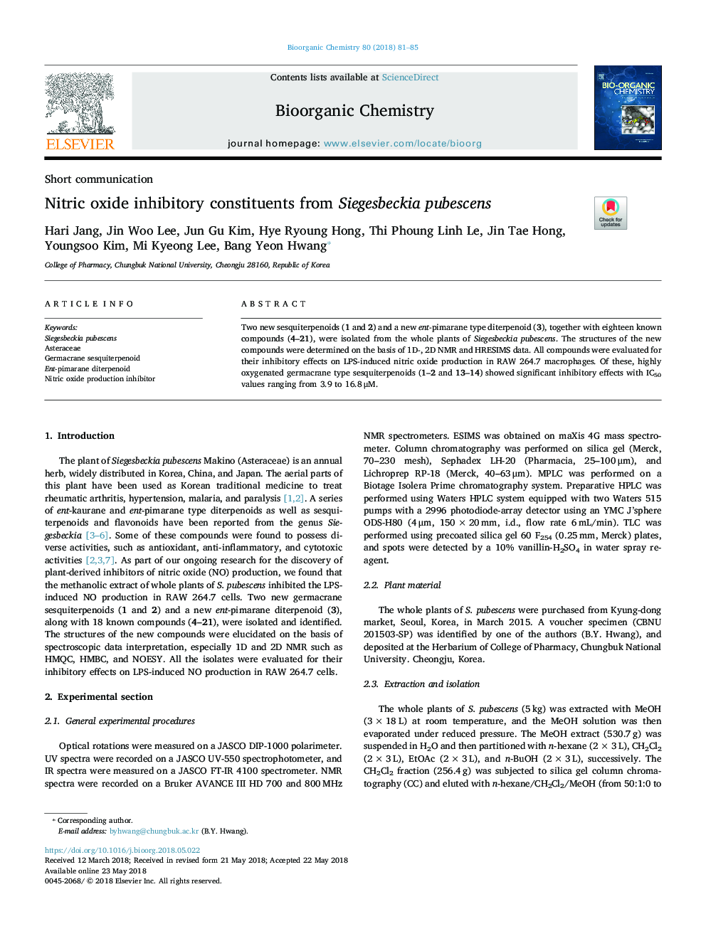 Nitric oxide inhibitory constituents from Siegesbeckia pubescens