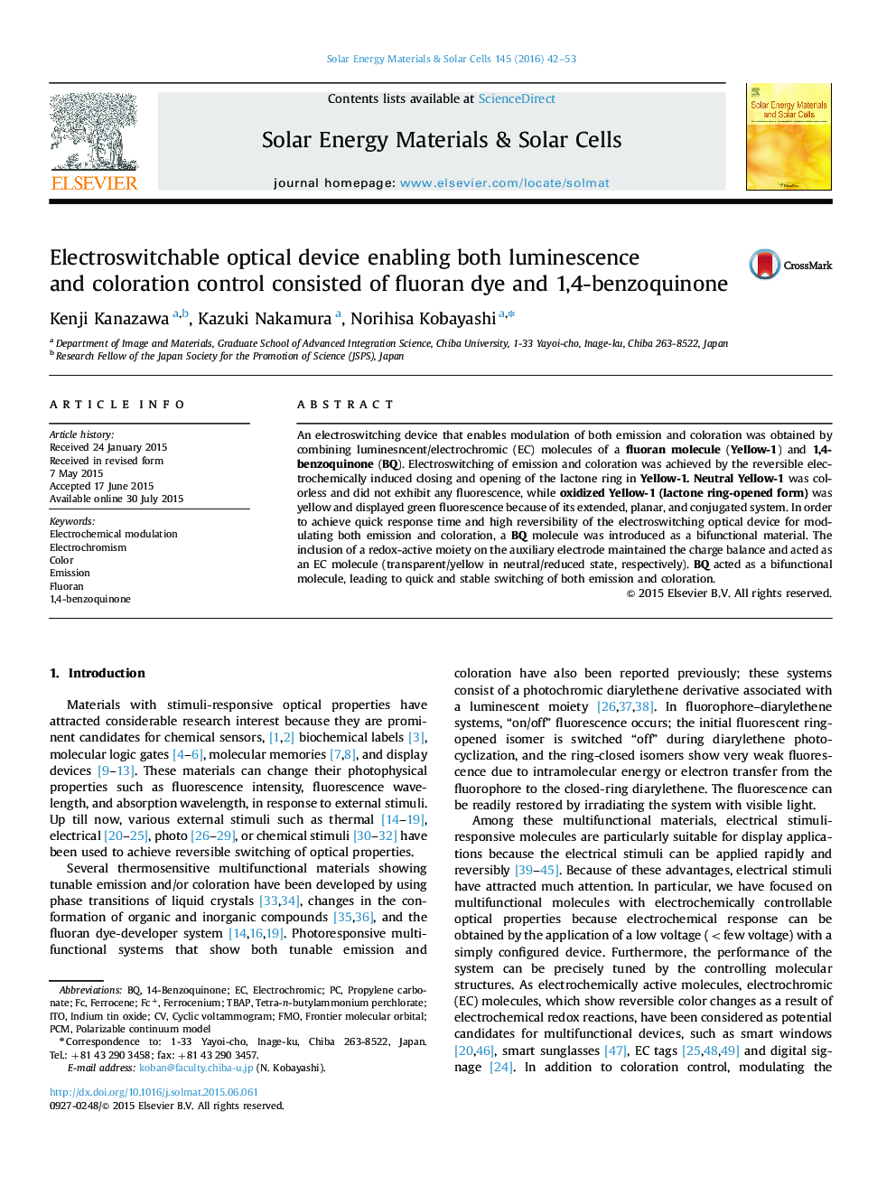 Electroswitchable optical device enabling both luminescence and coloration control consisted of fluoran dye and 1,4-benzoquinone