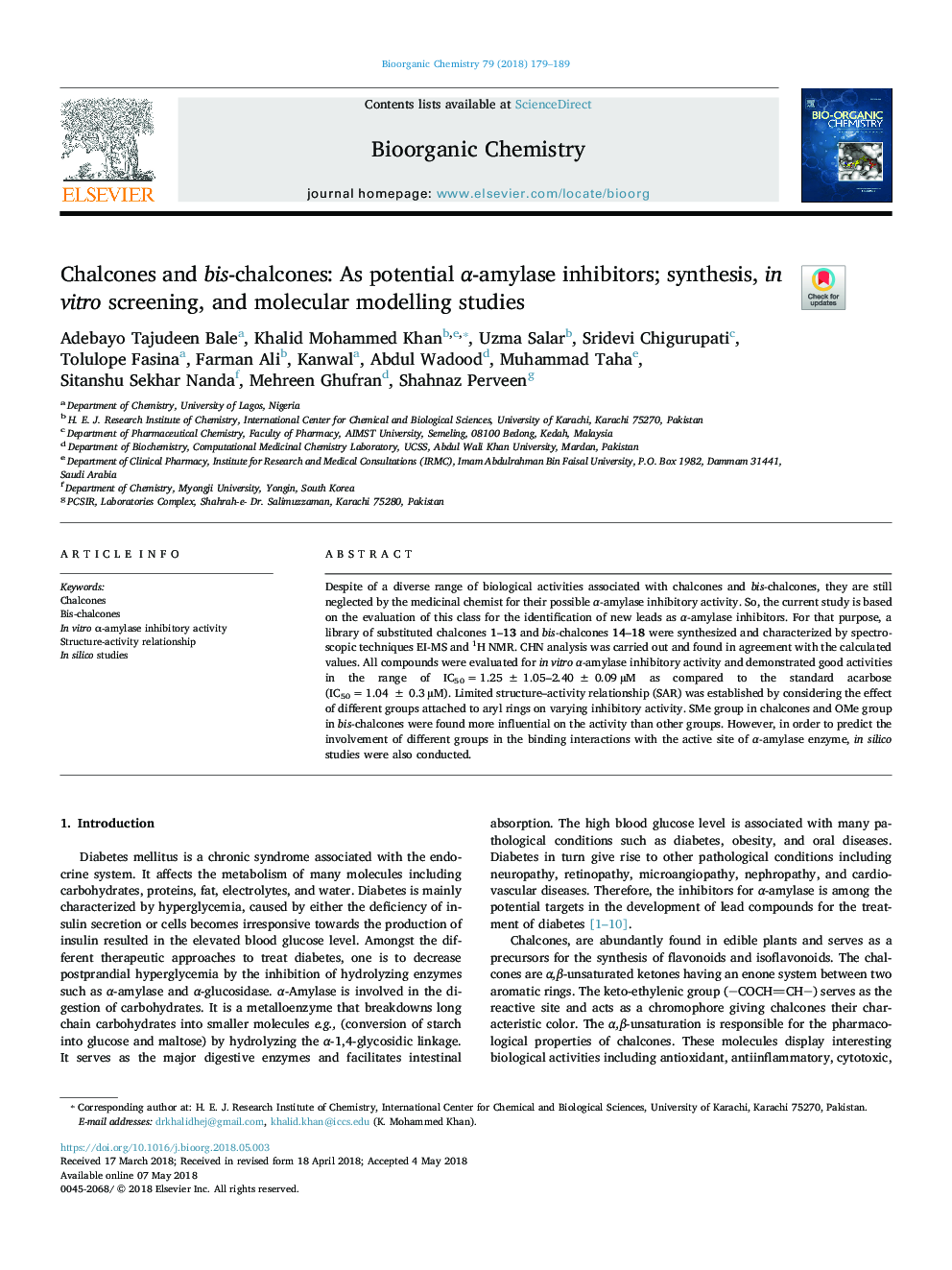 Chalcones and bis-chalcones: As potential Î±-amylase inhibitors; synthesis, in vitro screening, and molecular modelling studies