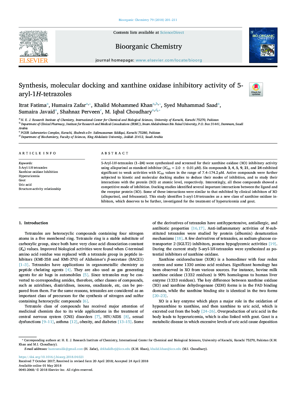 Synthesis, molecular docking and xanthine oxidase inhibitory activity of 5-aryl-1H-tetrazoles