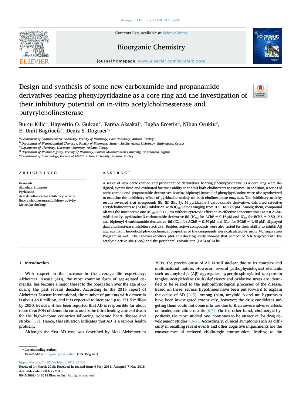 Design and synthesis of some new carboxamide and propanamide derivatives bearing phenylpyridazine as a core ring and the investigation of their inhibitory potential on in-vitro acetylcholinesterase and butyrylcholinesterase