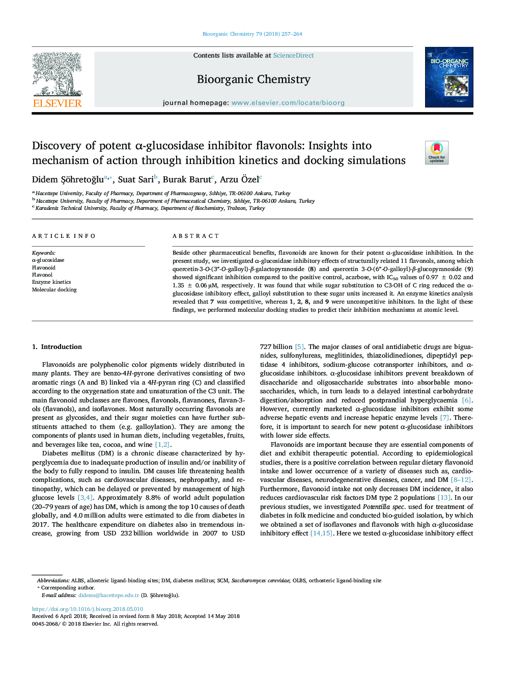 Discovery of potent Î±-glucosidase inhibitor flavonols: Insights into mechanism of action through inhibition kinetics and docking simulations