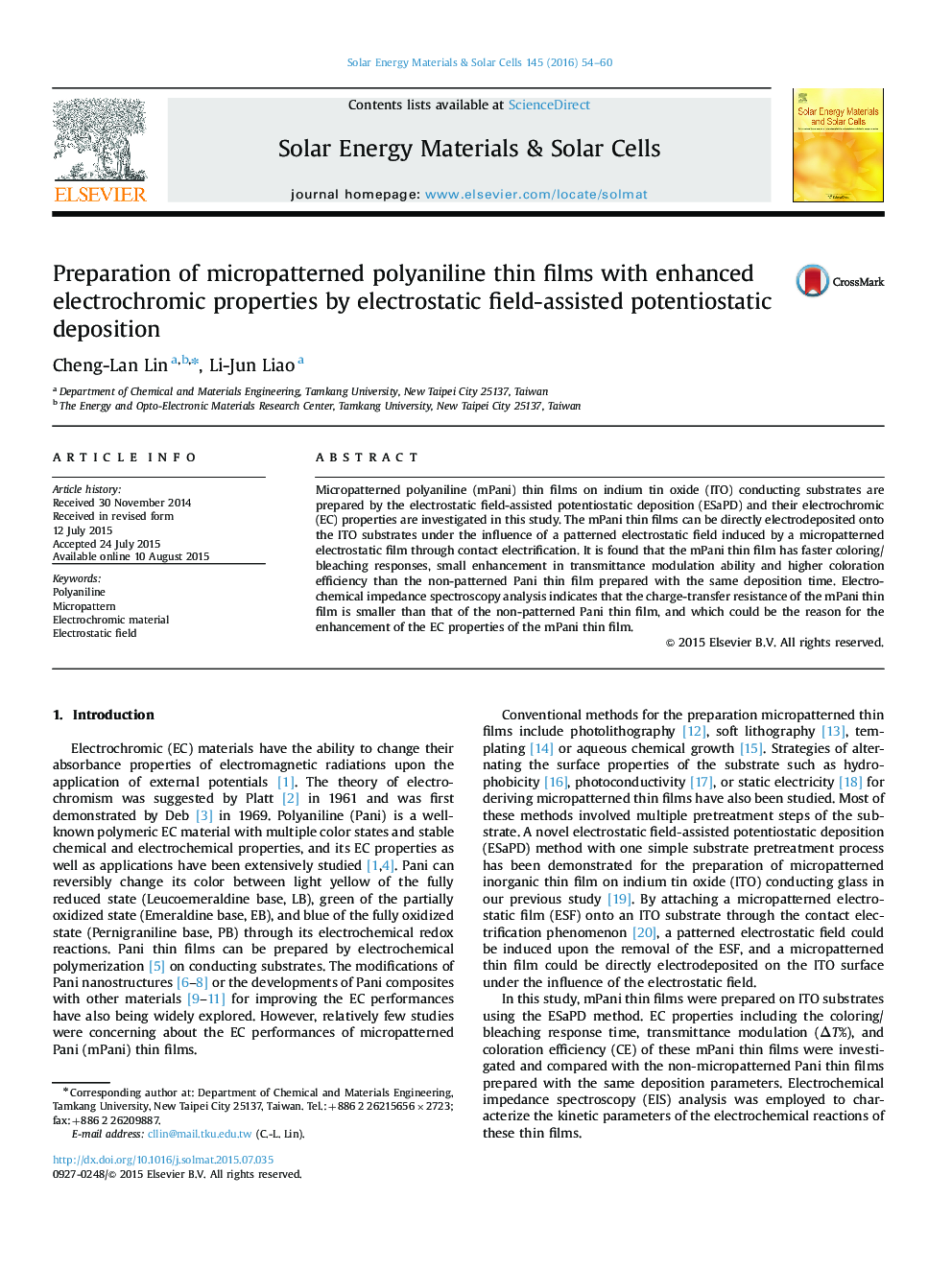 Preparation of micropatterned polyaniline thin films with enhanced electrochromic properties by electrostatic field-assisted potentiostatic deposition