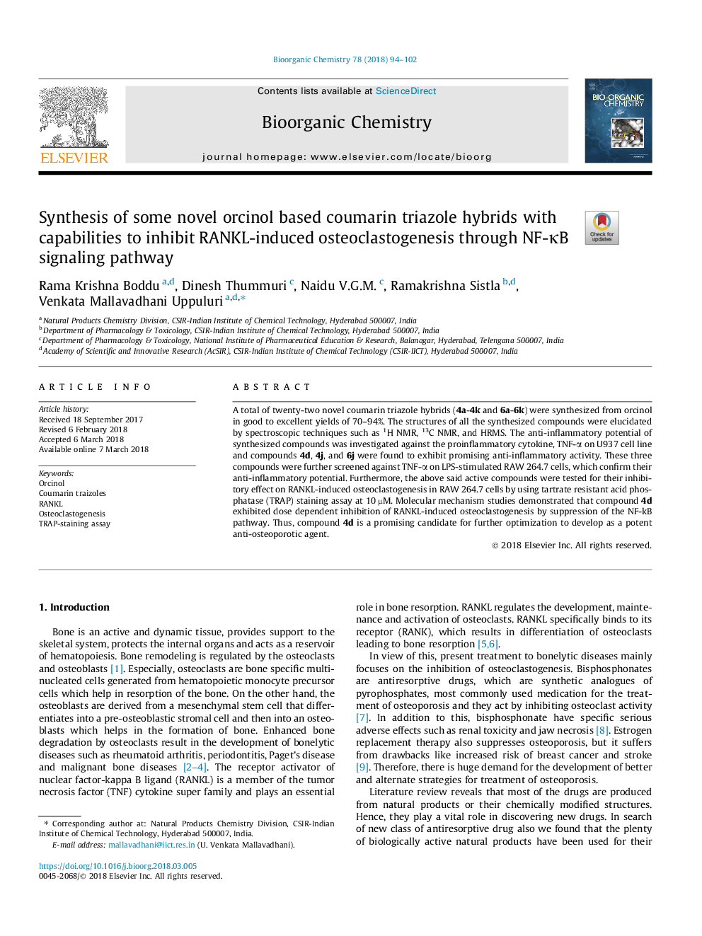 عکس صفحه اول مقاله: Synthesis of some novel orcinol based coumarin triazole hybrids with capabilities to inhibit RANKL-induced osteoclastogenesis through NF-κB signaling pathway Synthesis of some novel orcinol based coumarin triazole hybrids with capabilities to inhibit RANKL-induced osteoclastogenesis through NF-κB signaling pathway