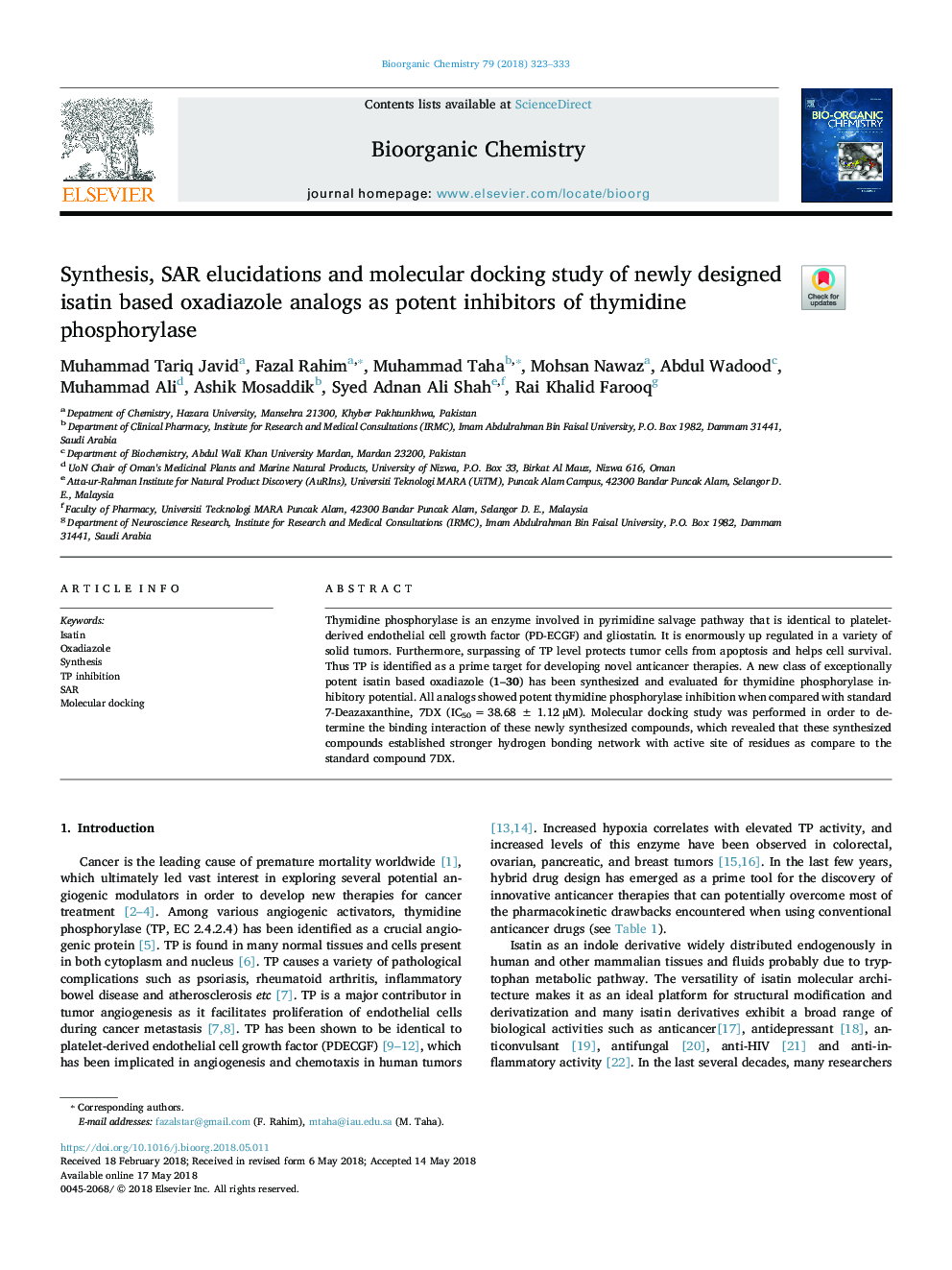 Synthesis, SAR elucidations and molecular docking study of newly designed isatin based oxadiazole analogs as potent inhibitors of thymidine phosphorylase