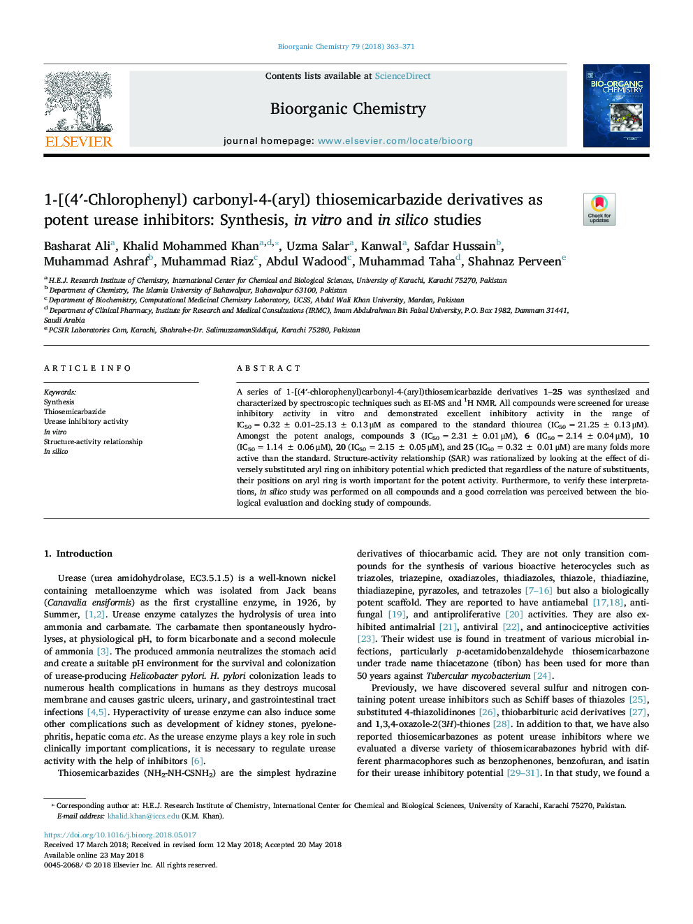 1-[(4â²-Chlorophenyl) carbonyl-4-(aryl) thiosemicarbazide derivatives as potent urease inhibitors: Synthesis, in vitro and in silico studies