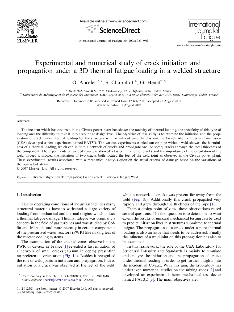 Experimental and numerical study of crack initiation and propagation under a 3D thermal fatigue loading in a welded structure