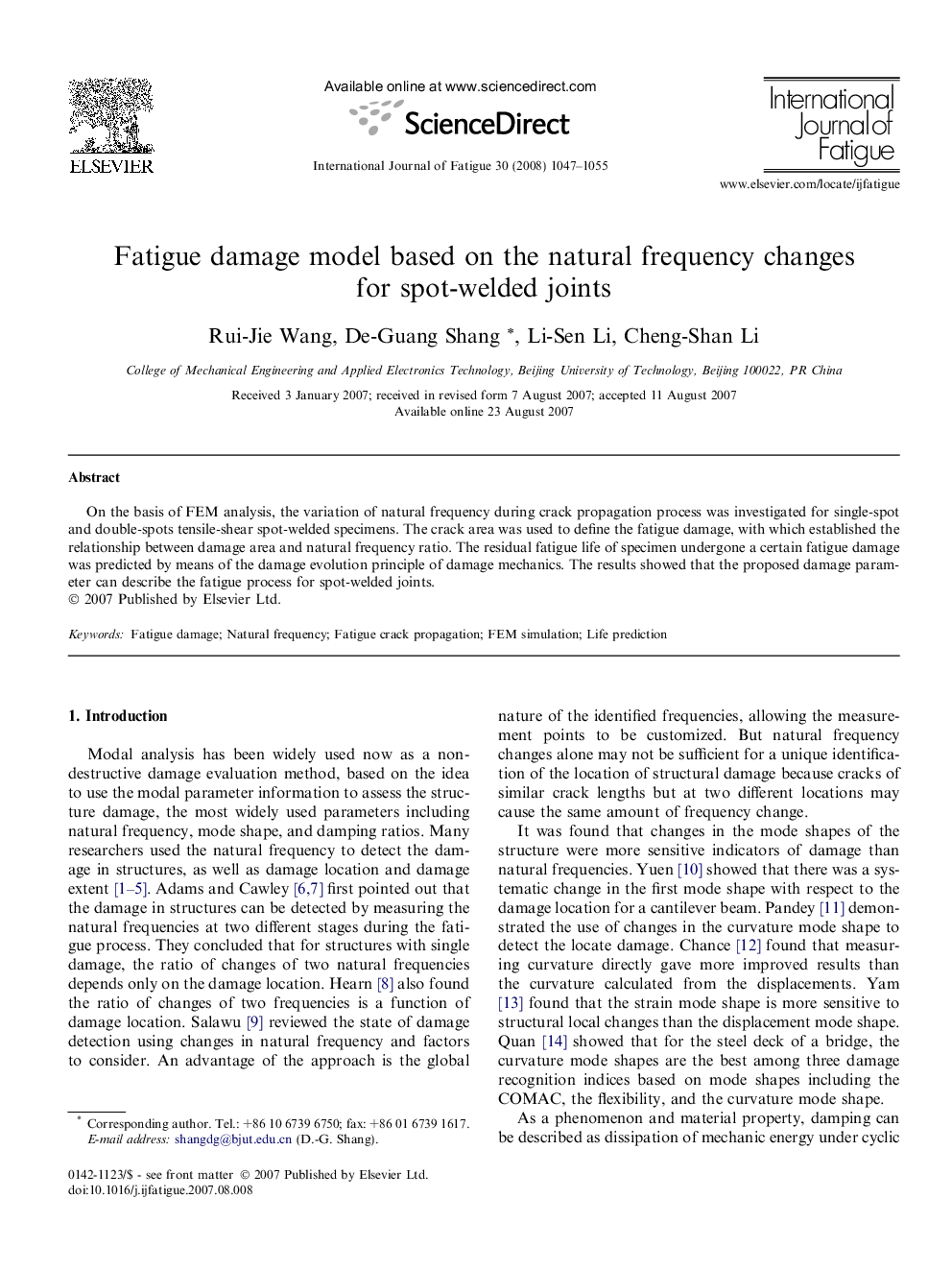 Fatigue damage model based on the natural frequency changes for spot-welded joints