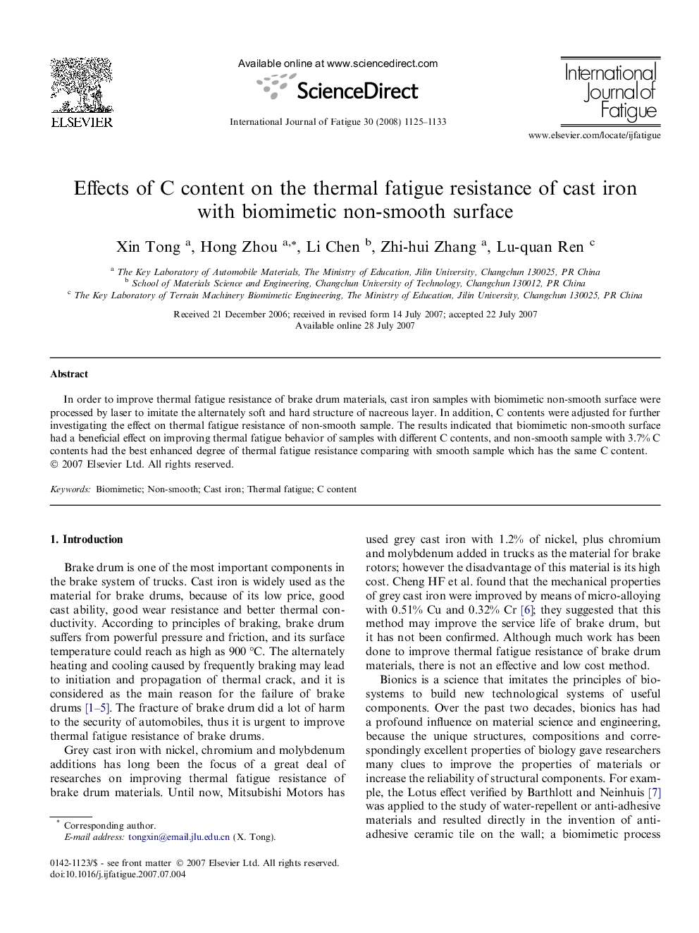 Effects of C content on the thermal fatigue resistance of cast iron with biomimetic non-smooth surface