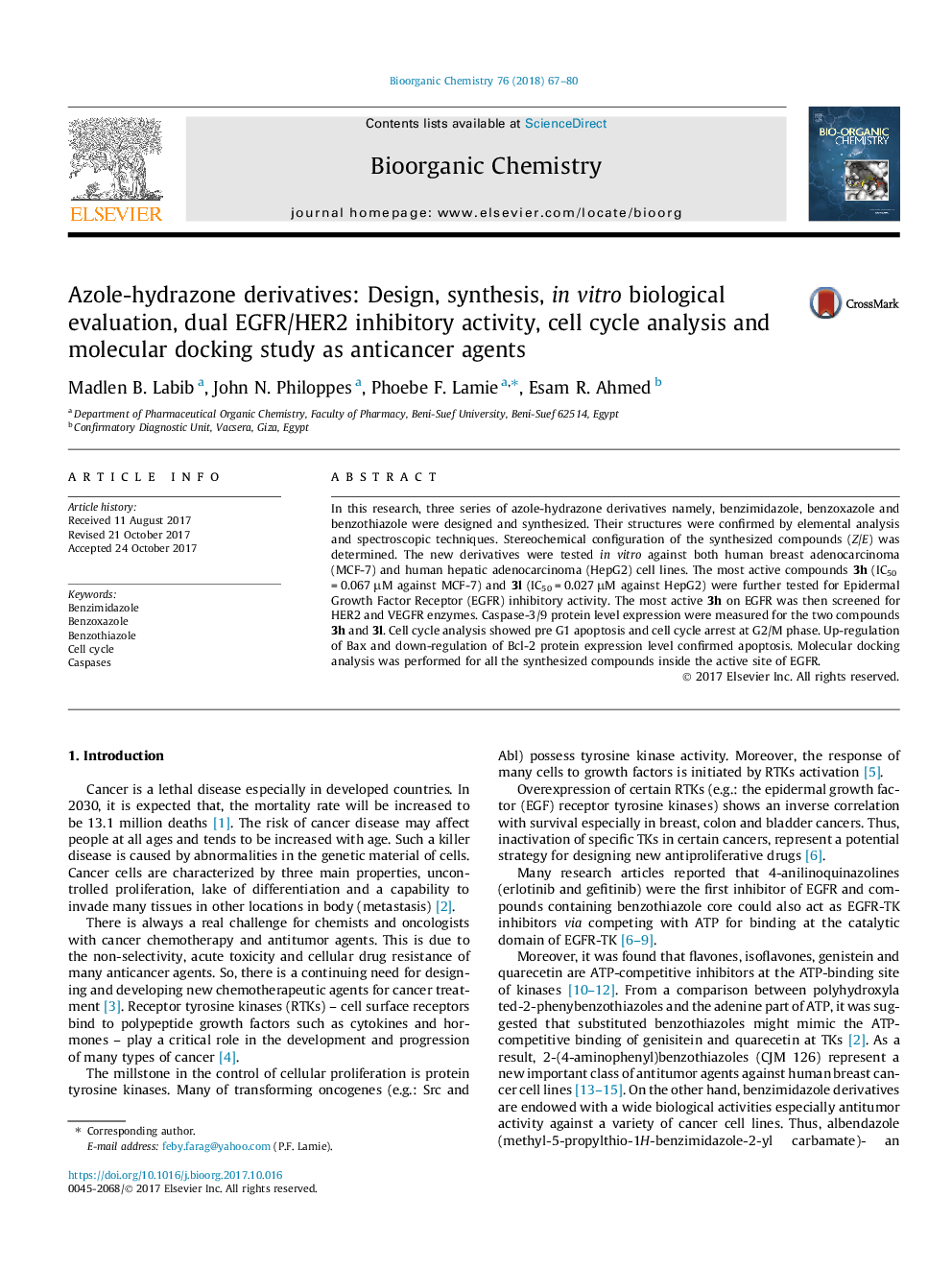 Azole-hydrazone derivatives: Design, synthesis, in vitro biological evaluation, dual EGFR/HER2 inhibitory activity, cell cycle analysis and molecular docking study as anticancer agents