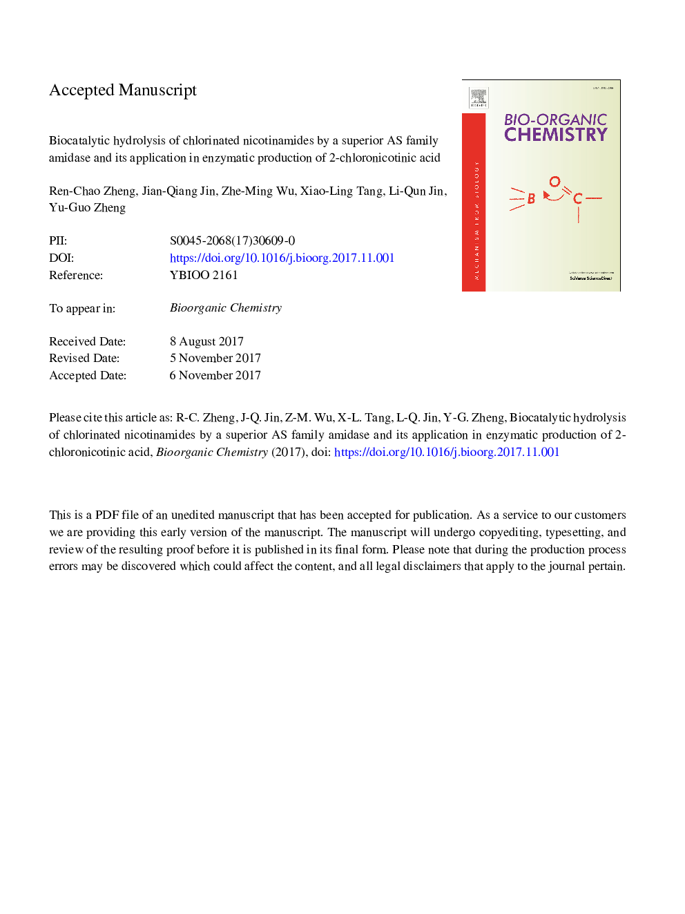 عکس صفحه اول مقاله: Biocatalytic hydrolysis of chlorinated nicotinamides by a superior AS family amidase and its application in enzymatic production of 2-chloronicotinic acid Biocatalytic hydrolysis of chlorinated nicotinamides by a superior AS family amidase and its application in enzymatic production of 2-chloronicotinic acid