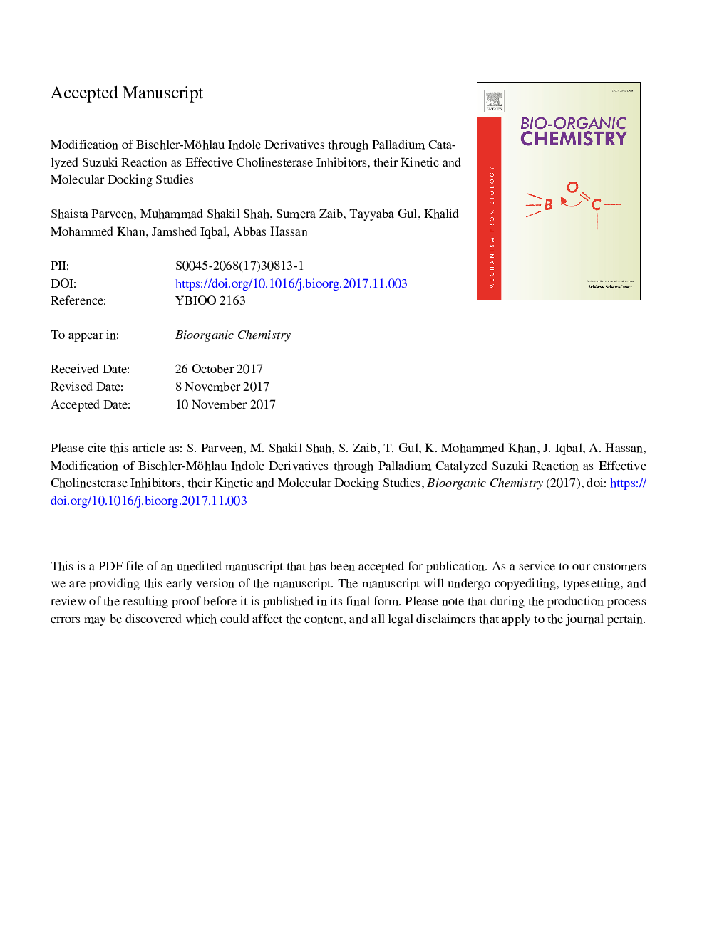 Modification of Bischler-Möhlau indole derivatives through palladium catalyzed Suzuki reaction as effective cholinesterase inhibitors, their kinetic and molecular docking studies