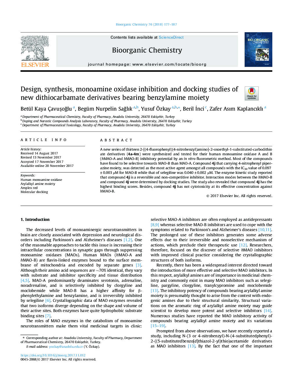 Design, synthesis, monoamine oxidase inhibition and docking studies of new dithiocarbamate derivatives bearing benzylamine moiety