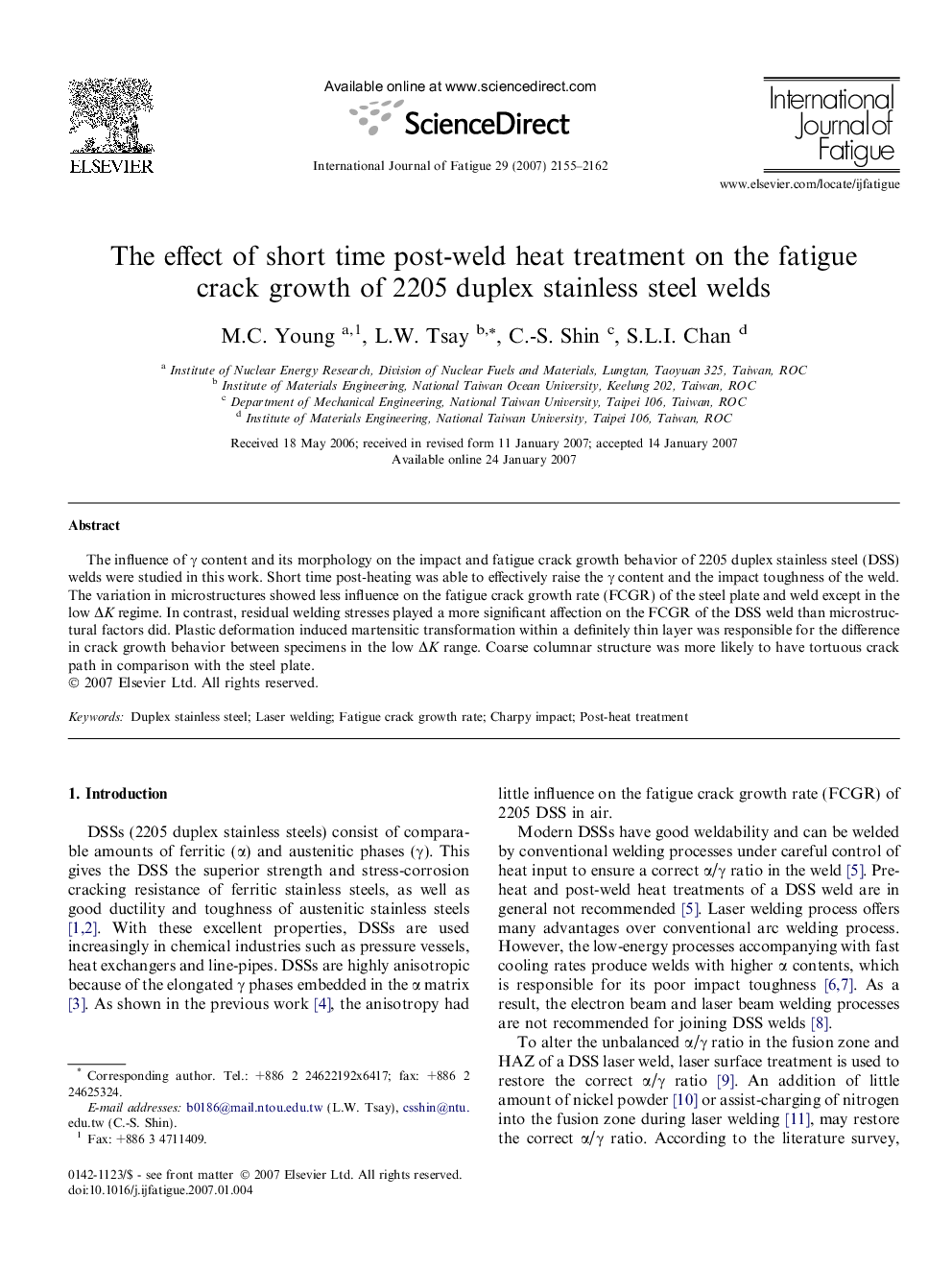 The effect of short time post-weld heat treatment on the fatigue crack growth of 2205 duplex stainless steel welds