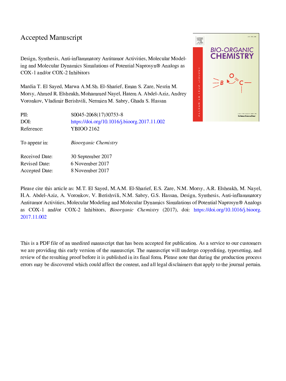 Design, synthesis, anti-inflammatory antitumor activities, molecular modeling and molecular dynamics simulations of potential naprosyn® analogs as COX-1 and/or COX-2 inhibitors