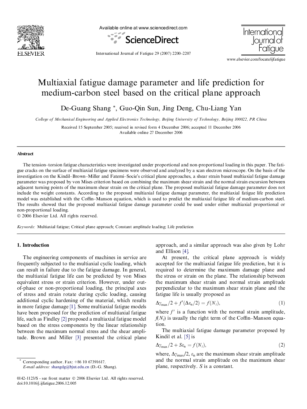 Multiaxial fatigue damage parameter and life prediction for medium-carbon steel based on the critical plane approach