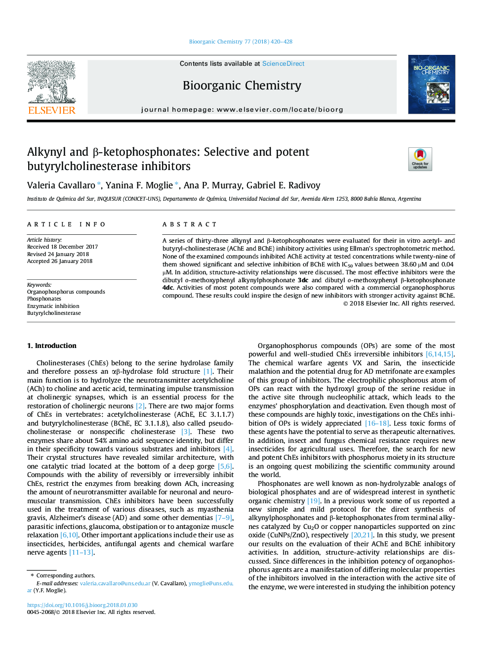 Alkynyl and Î²-ketophosphonates: Selective and potent butyrylcholinesterase inhibitors