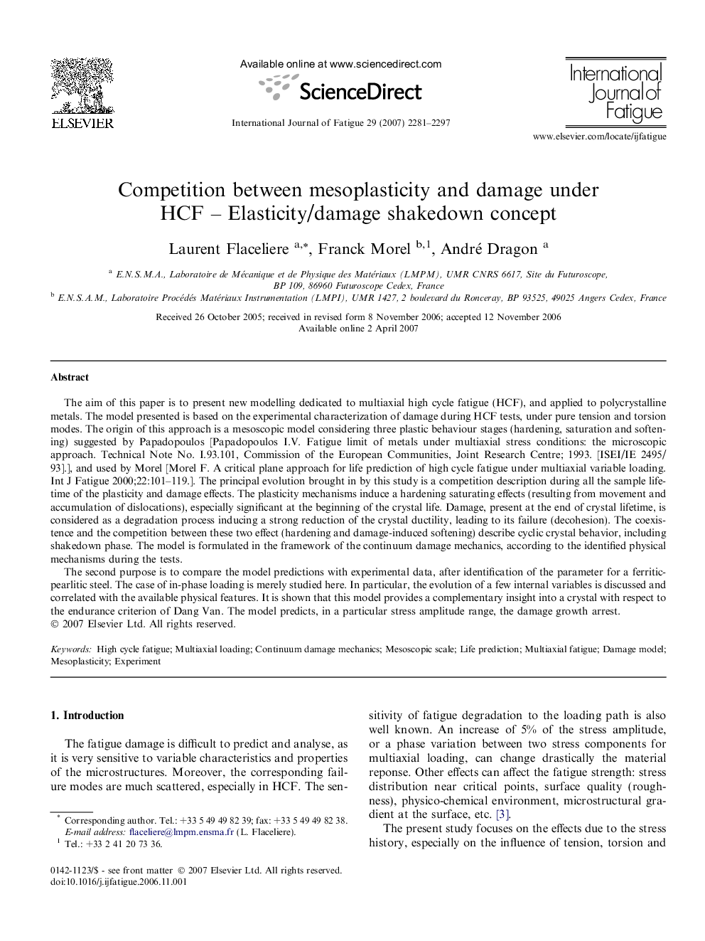 Competition between mesoplasticity and damage under HCF – Elasticity/damage shakedown concept