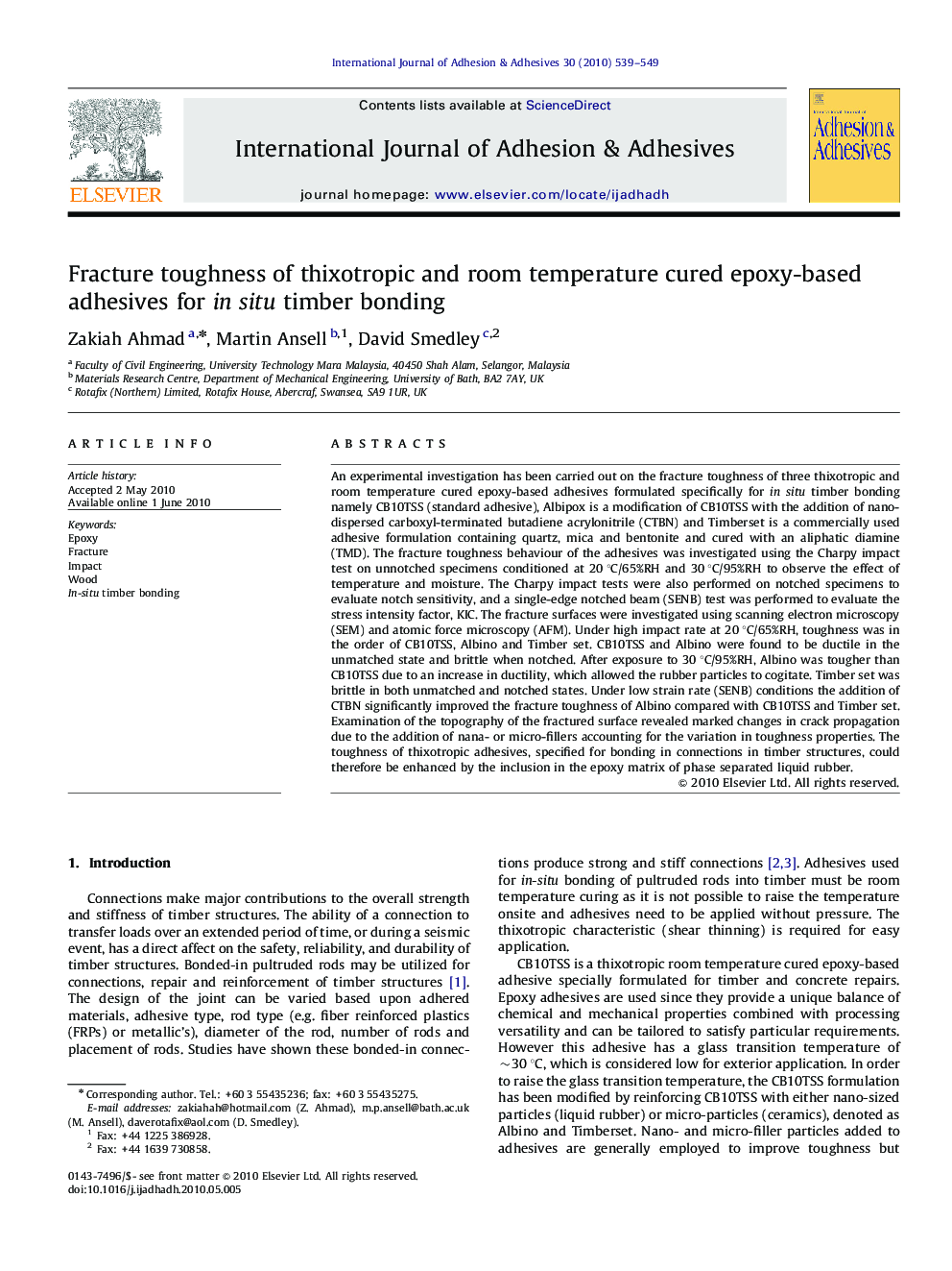 Fracture toughness of thixotropic and room temperature cured epoxy-based adhesives for in situ timber bonding