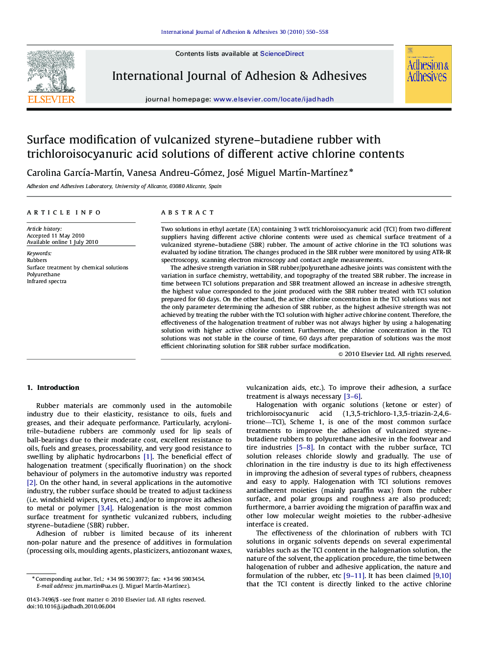 Surface modification of vulcanized styrene–butadiene rubber with trichloroisocyanuric acid solutions of different active chlorine contents