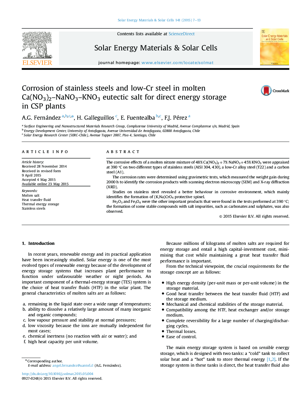 Corrosion of stainless steels and low-Cr steel in molten Ca(NO3)2–NaNO3–KNO3 eutectic salt for direct energy storage in CSP plants