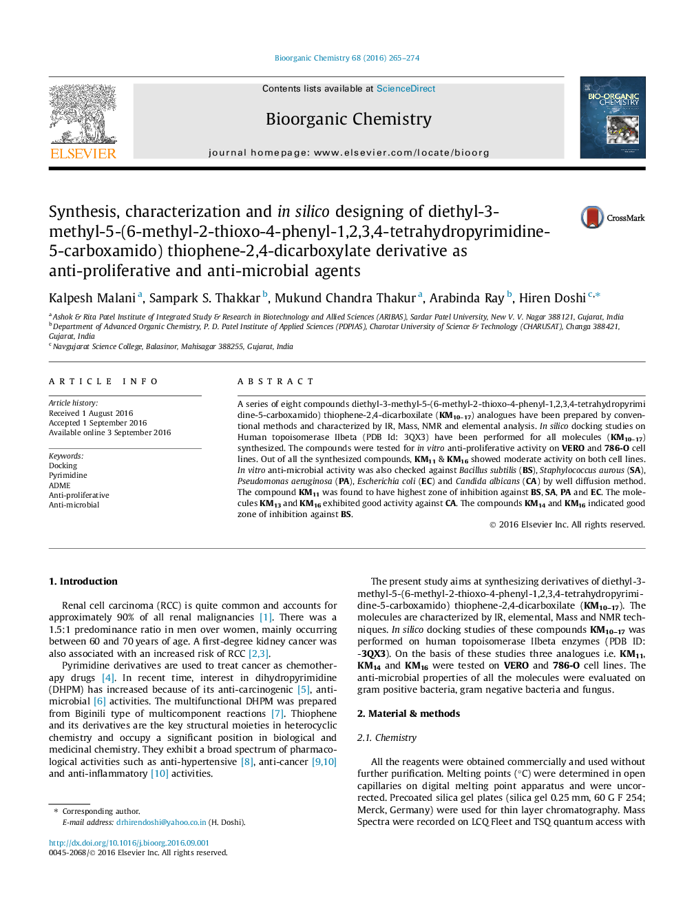 Synthesis, characterization and in silico designing of diethyl-3-methyl-5-(6-methyl-2-thioxo-4-phenyl-1,2,3,4-tetrahydropyrimidine-5-carboxamido) thiophene-2,4-dicarboxylate derivative as anti-proliferative and anti-microbial agents