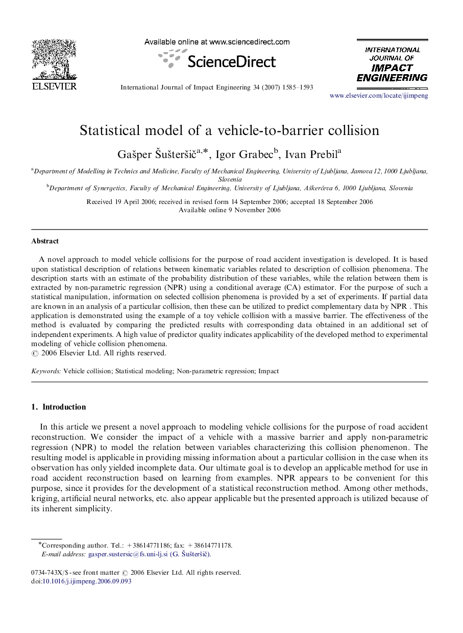 Statistical model of a vehicle-to-barrier collision