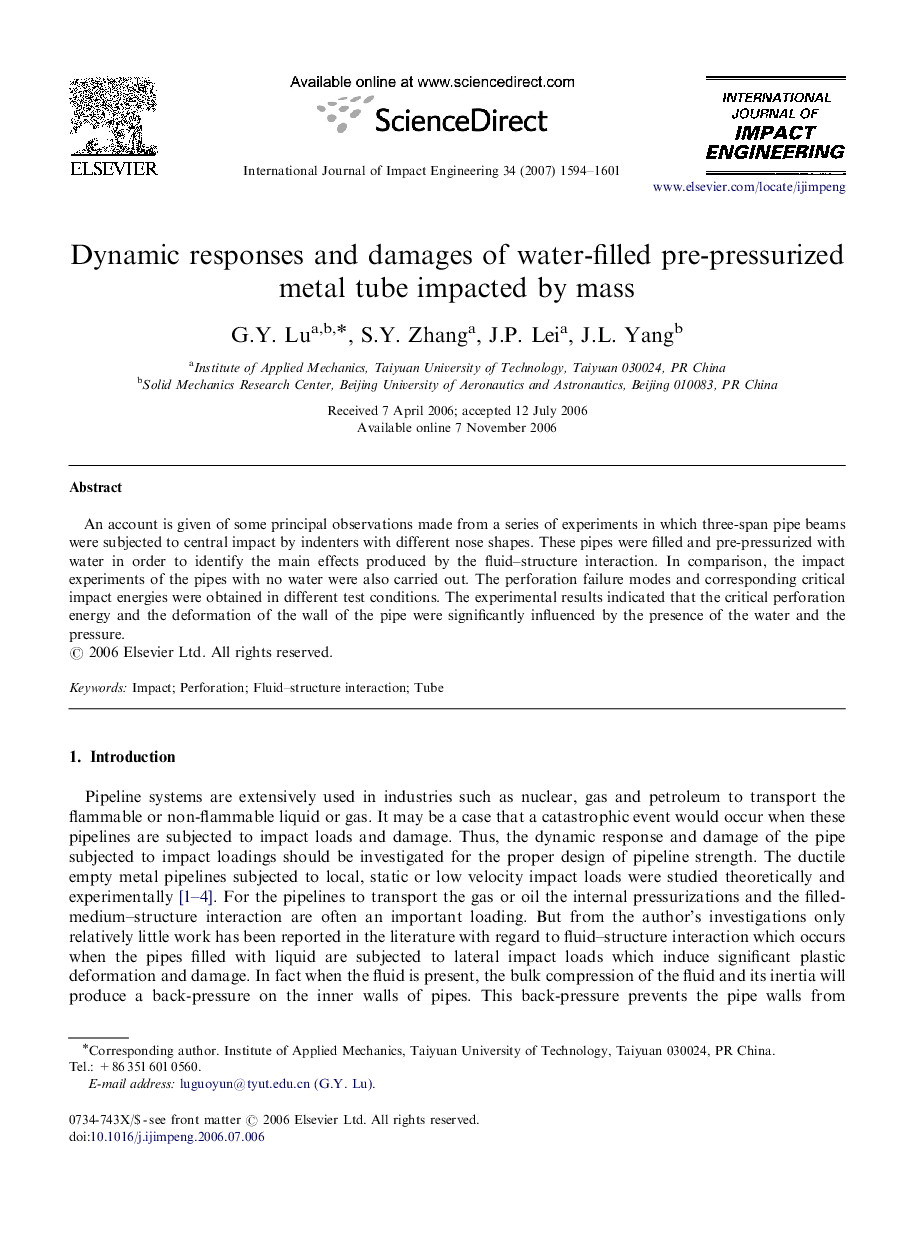 Dynamic responses and damages of water-filled pre-pressurized metal tube impacted by mass