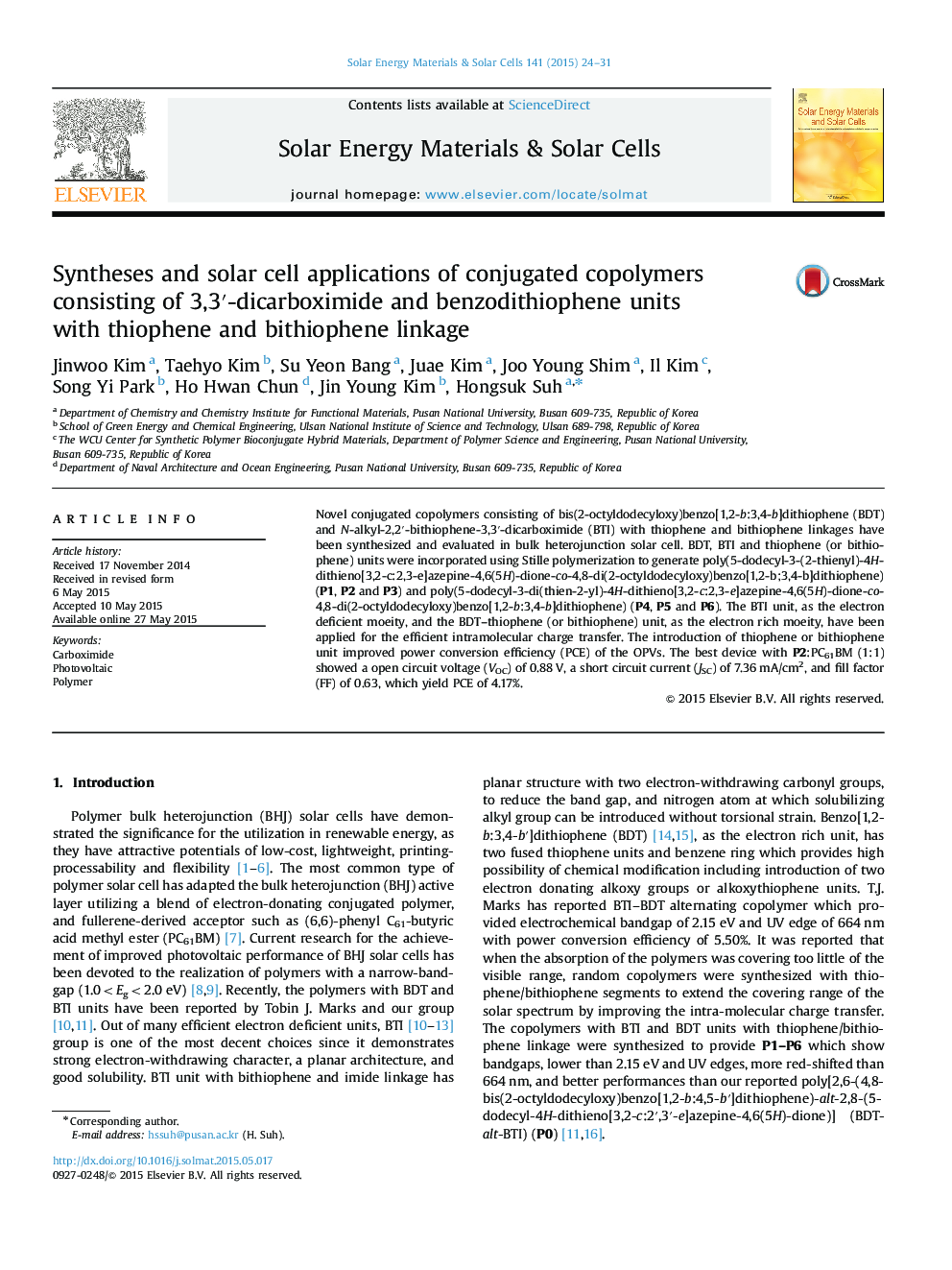 Syntheses and solar cell applications of conjugated copolymers consisting of 3,3′-dicarboximide and benzodithiophene units with thiophene and bithiophene linkage